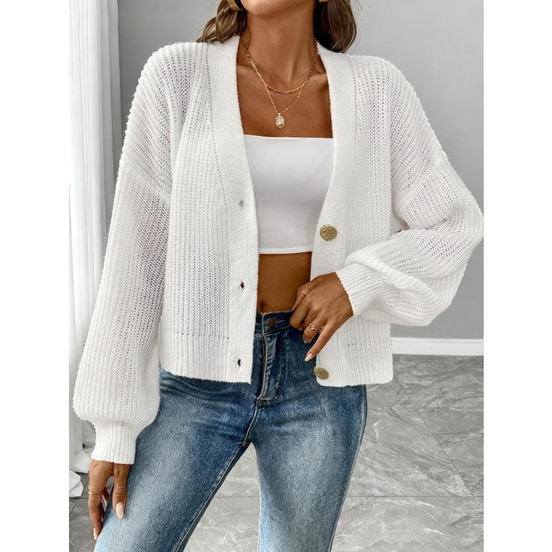Women Simple Short V Neck Gold Button Long Sleeve Cardigan Sweater Coat