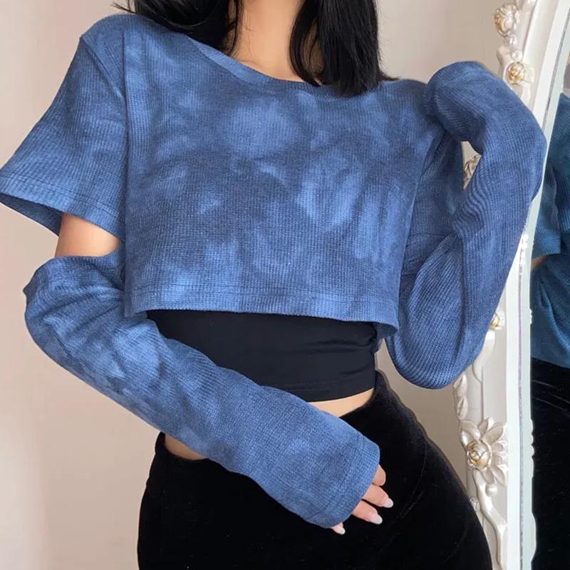 

Весенне-осенние новые двухсекционные топы с принтом тай-дай, женские короткие футболки с вырезами на рукавах, уличная одежда, повседневные рубашки в крутом стиле S синий