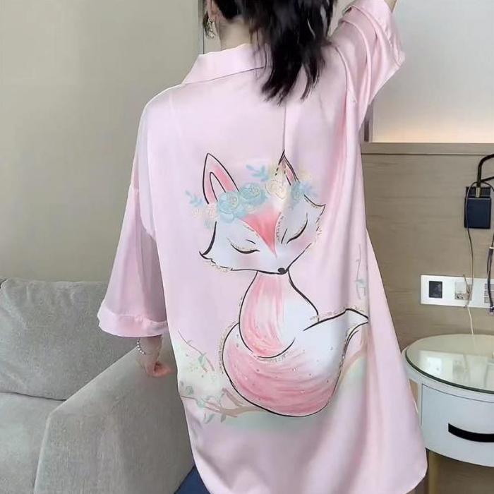 Mädchen Pyjama Set Kurzarm - Kawaii Cartoon Design, EIS Seide Material, Größen 110-165cm