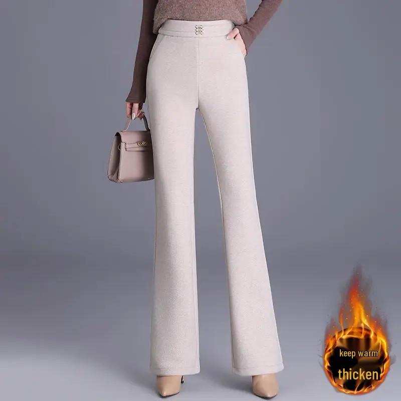 High-Waisted Slimming Women's Plus Velvet Micro-Flare Pants - Elastic Waist & Fashionable Casual Wear for Autumn/Winter