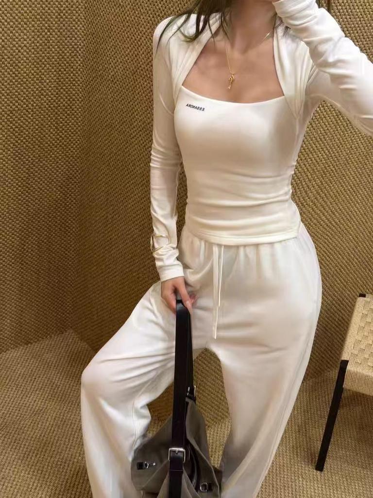 High Version Square Neck Halter Letter Print Slim Fit Long Sleeve T-Shirt - Bestselling Base Layer.