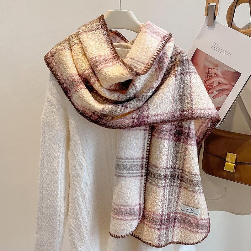 Retro black and white plaid imitation lamb wool scarf women's winter thickened warm plaid scarf fashion shawl dual-purpose
