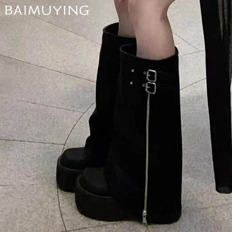 Platform Women High Boots Leather Fad High Heels Shoes 2025 Trend Designer Zipper Knee High Goth Winter Motorcycle Botas Mujer