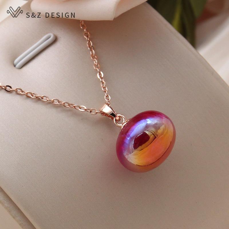 Fashion Colorful Beads Pendant Necklace For Women Wedding Rose Gold Color Collarbone Chain Jewelry Gift