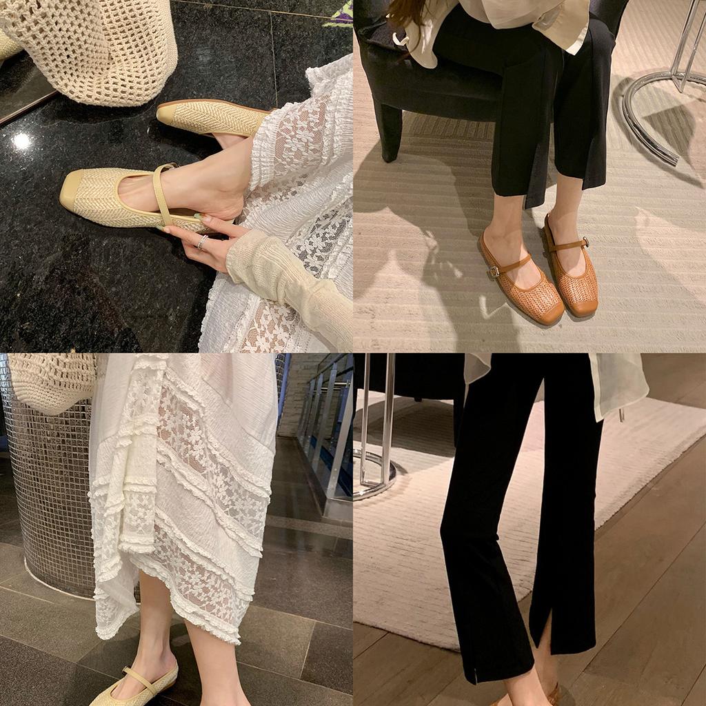 Height increase of 5cm~ holiday style straw woven square head sandals lazy half drag female summer