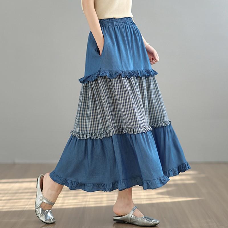 Denim Plus Size High Waist Vintage Patchwork Spring Summer Autumn Casual Loose Long Woman Skirt