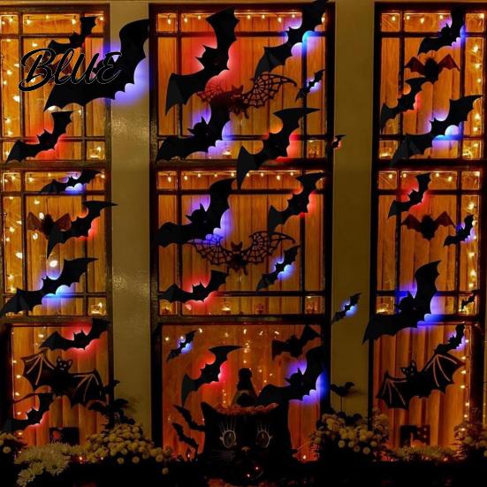 Removable Wall Decal Halloween LED Stickers Glow-in-the-Dark Bat & Spider Decorations Battery-Powered Hanging Ornaments Night Light Sticker