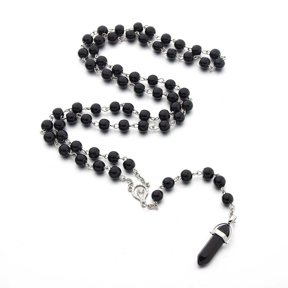 Victorian Retro Black Crystal Column Pendant Black Round Bead Chain Necklace for Woman Girl Collarbone Chain Gothic Jewelry Gift
