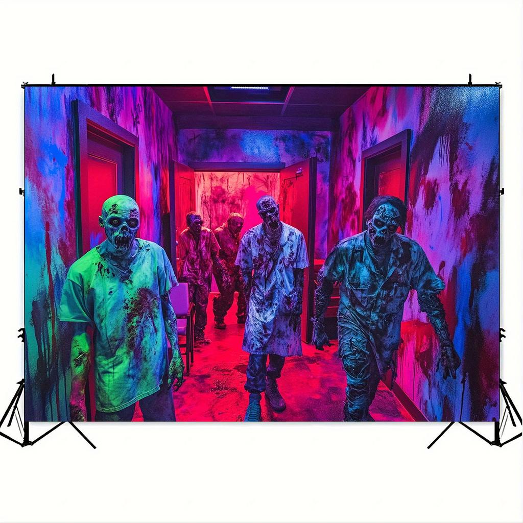 Zombie Revelation Background, 4 Zombies, Blood-stained Walls and Neon Lights, Halloween Party Decorations, Durable Polyester