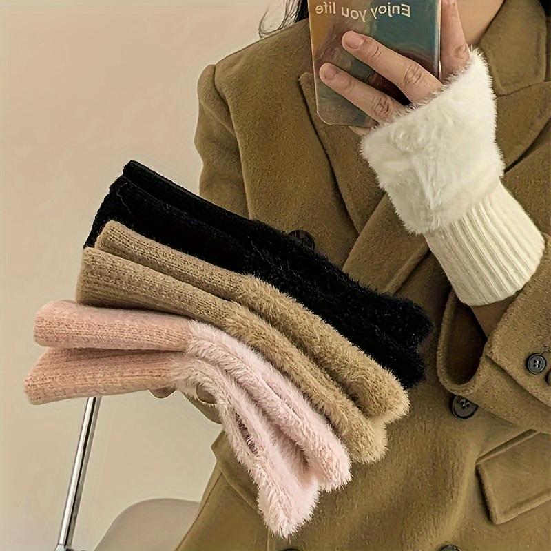 Plush Splicing Knit Gloves Stylish Solid Color Fingerless Hand Warmers With Thumb Hole Winter Coldproof Versatile Writing Gloves