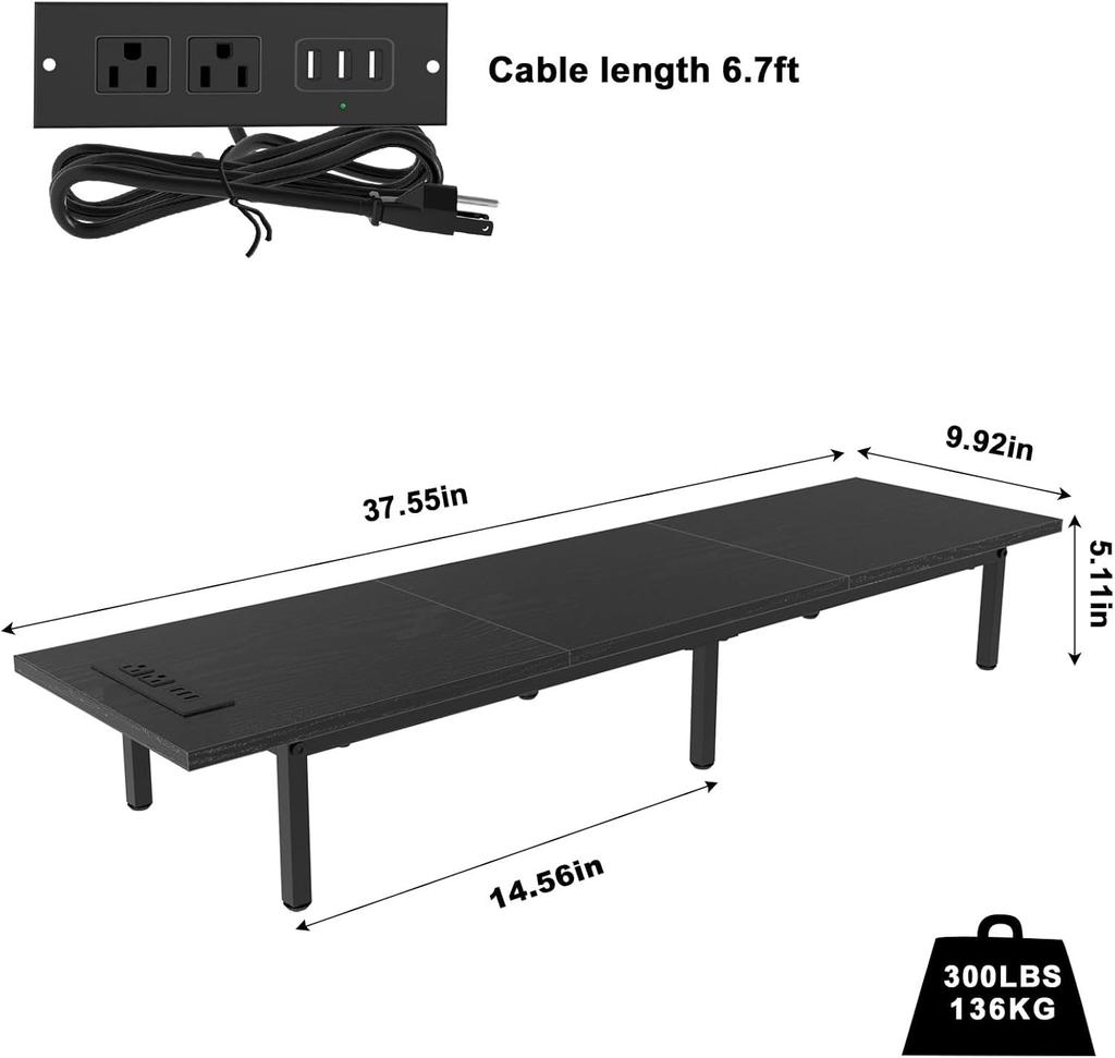 Monitor Stand for 2 Monitors Long Monitor Riser with USB Ports Wood Desktop Computer Riser Monitor Shelf Holder Stand