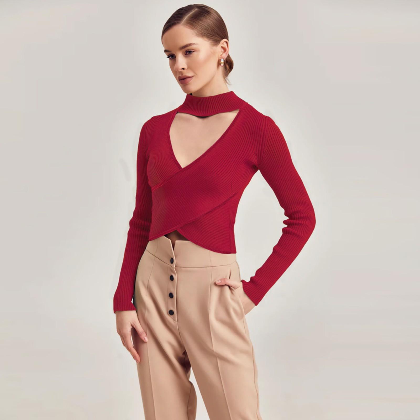 

Женский осенне-зимний вязаный свитер с длинными рукавами, сексуальная рубашка в рубчик с крестообразной подошвой, топ S винный