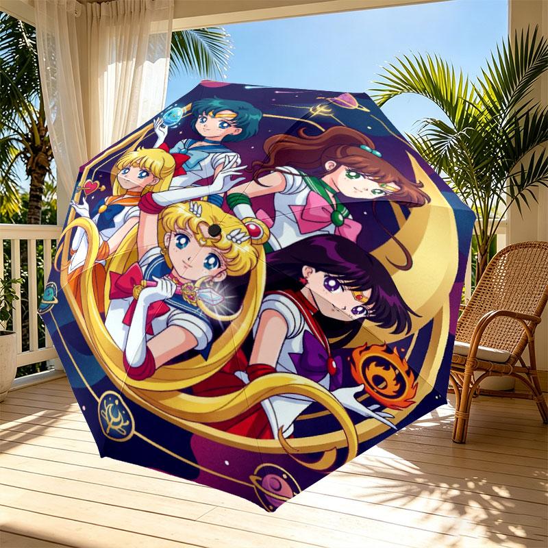 Sailor Moon Print Automatic Open Close Umbrella, Portable Foldable Umbrella, for Outdoor Commute Camping Trip, Ideal Birthday Gift