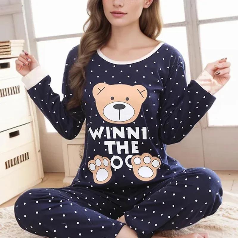 Kadın Moda Uzun Kollu Pantolon Pijama İlkbahar Yaz Çizgi Film Ayı Yumuşak Nefes Alabilir Günlük Pijama 2 Parça Set Büyük Beden Sevimli