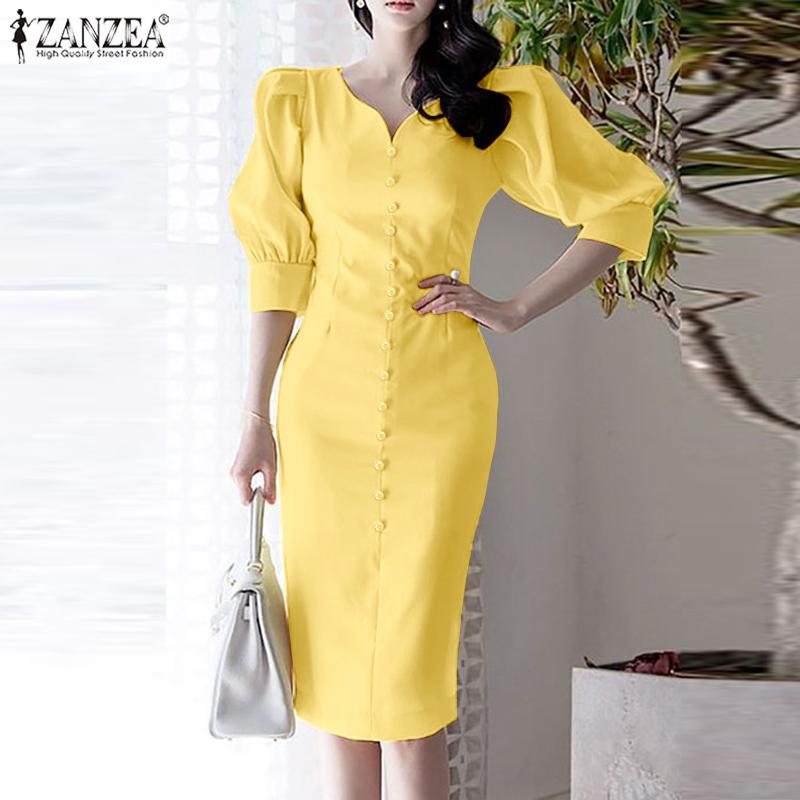 

ZANZEA Женское пышное платье миди с пышным рукавом Kleid V Neck Party Элегантное повседневное платье миди для похудения