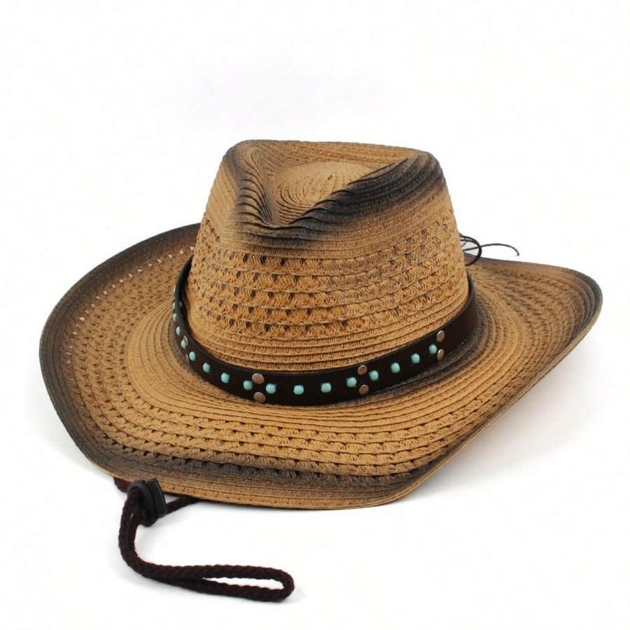 Adult Western Straw Cowboy Hat With Turquoise Belt Decor Rolled Brim For Outdoor Travel