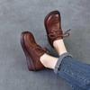 Johnature Genuine Leather Wedges Shoes Versatile Comfortable Soft Soled Lace-up Four Seasons Shoes