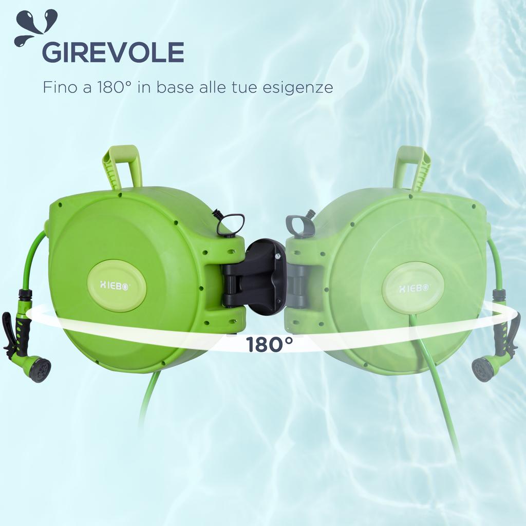 Retractable Garden Hose Reel with 20 m Water Hose, Wall Hose Reel Swivel 180 degrees, Automatic Hose Reel Garden Hose for Irrigation in plastic, Green