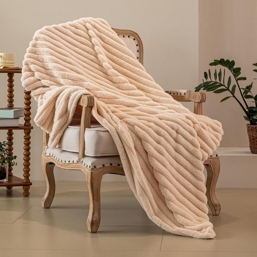 Ultra-Soft Faux Rabbit Fur Striped Throw Blanket - Double-Layered for Warmth, Ideal for Sofa or Bedroom.