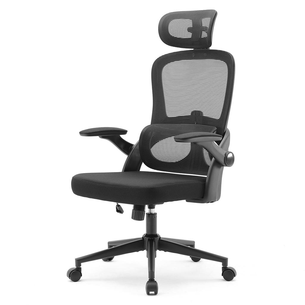 SIHOO Office Desk 3D Independent Lumbar 2D No Mesh Chair Chair, Chair, Flip-Up Armrest, Support, Headrest, Telework, Fatigue, (Black)