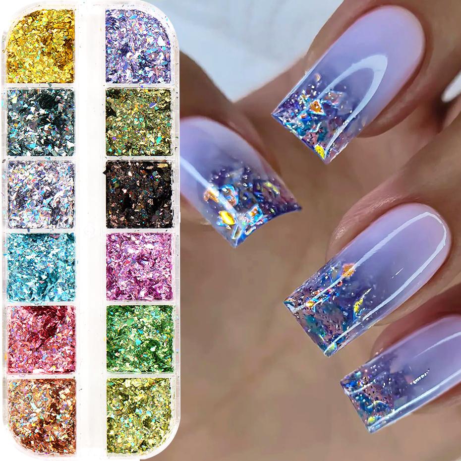 Xiaomi 12 Grids Holographic Glitter Nail Art Sequins Sparkly Irregular Nail Flakes Powder Nail Art Mermaid Makeup Manicure Decorations