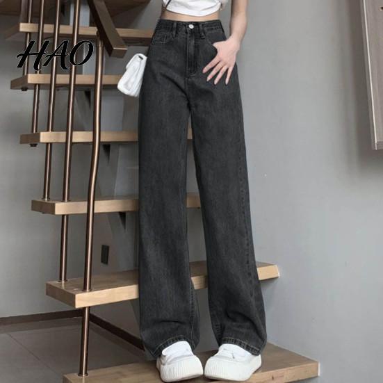 Solid Color High-waist Jeans Women High Waist Button Zipper Closure Vintage Loose Fit Hidden Belly Shape Trousers Pockets Straight Wide Leg Streetwear
