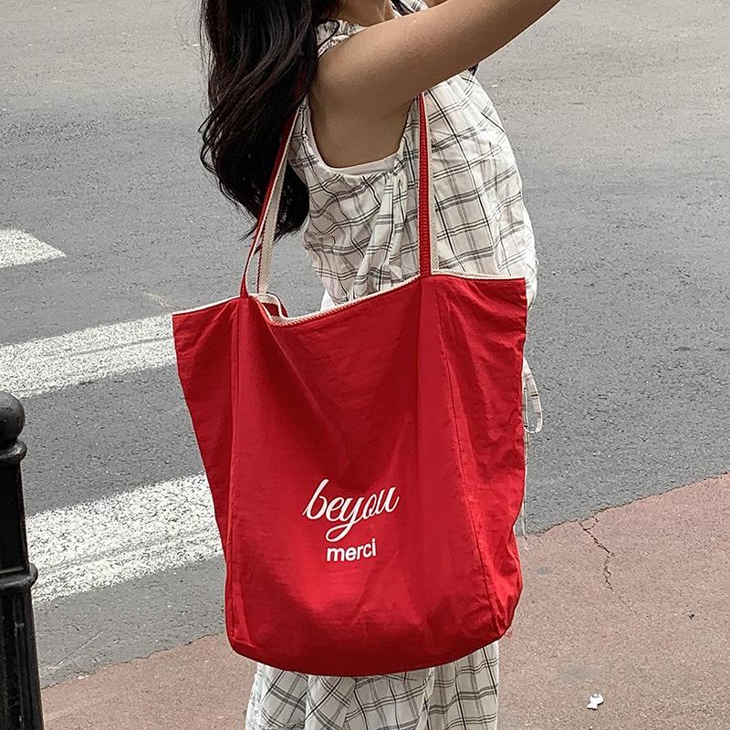 Niche High-value Double-sided Striped Canvas Bag, New Large-capacity Casual Versatile Commuter Shoulder Tote Bag