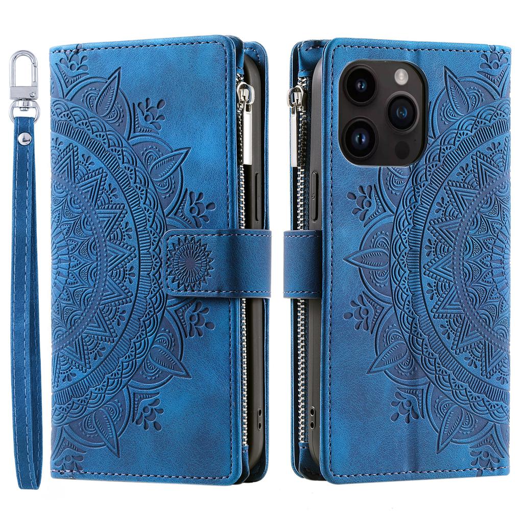 006 For iPhone 16 Pro Max Case PU Leather Zipper Phone Cover Mandala Flower Pattern