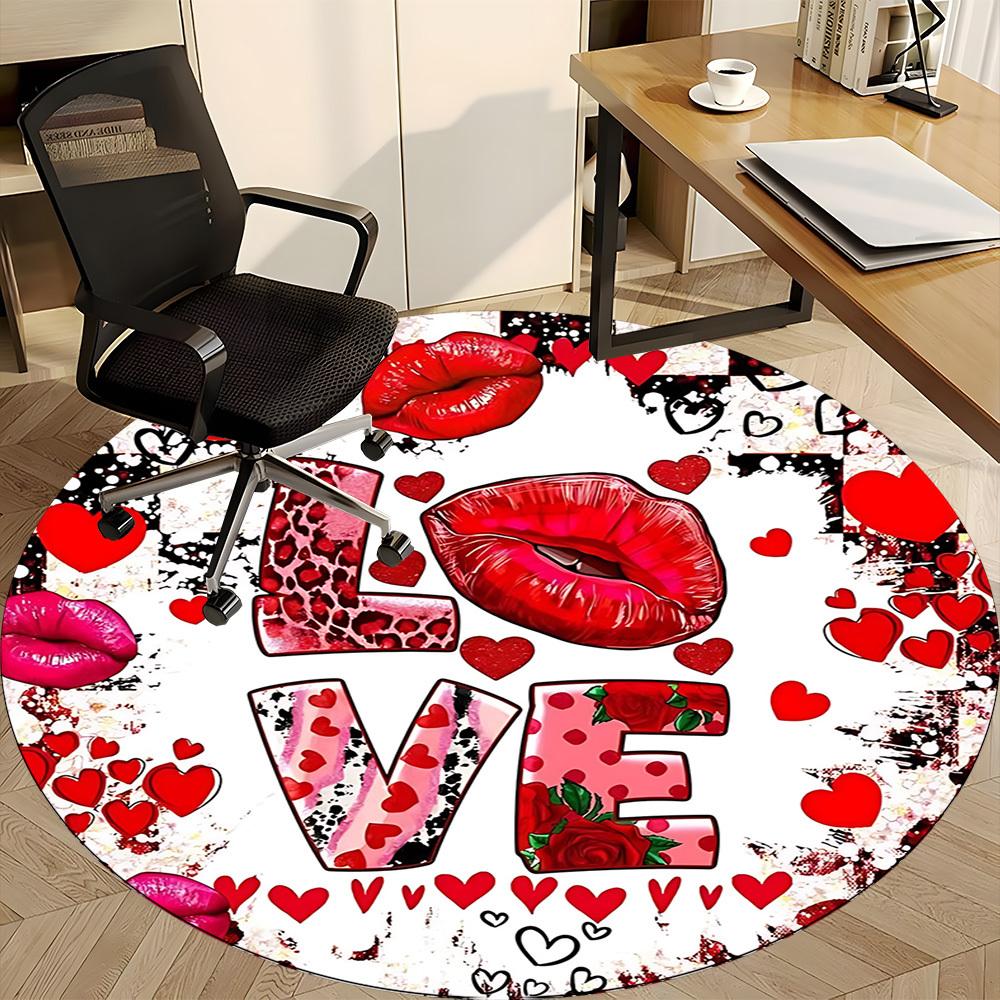 1pc Love Heart Print Carpet for Office Non-Slip, Round Carpet, Soft & Comfortable, Carpet for Office, Lightweight Round Floor Mat