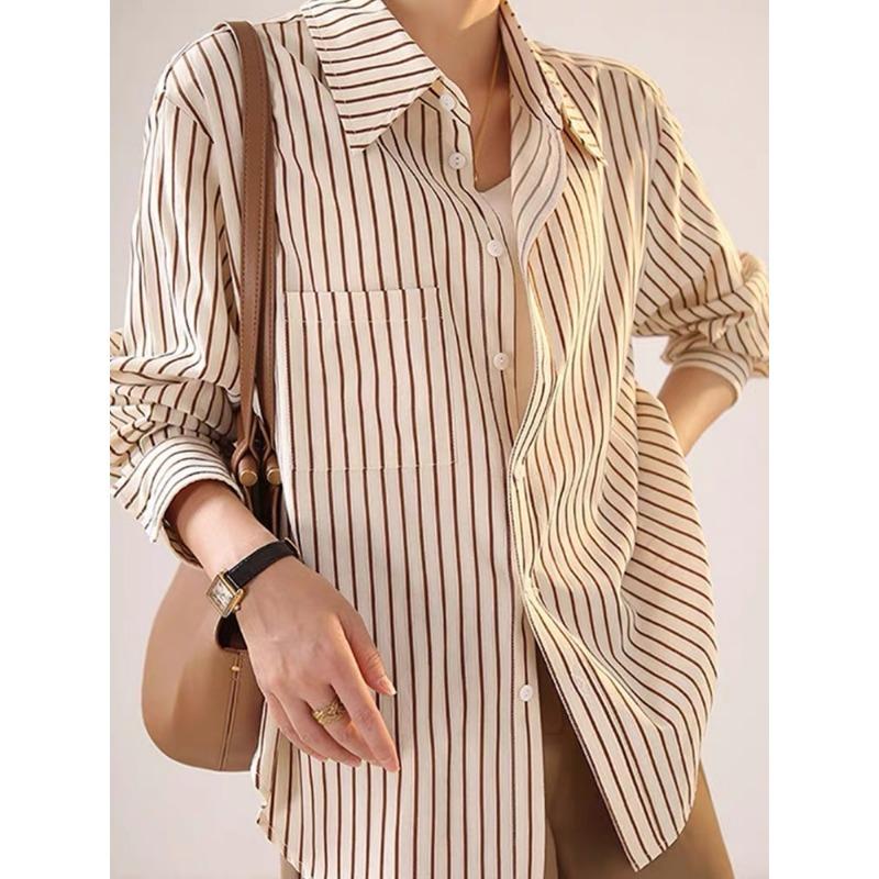 

Модные блузки с длинным рукавом на пуговицах, женские, весенние, новые, хлопковые, свободные, в полоску, женские, с отложным воротником, приталенные, офисные, женские, рубашки, топы 3329 XL