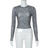 Women's Summer Round Neck Long Sleeve Leopard Print Mesh Sheer Long Sleeve T-Shirt Top