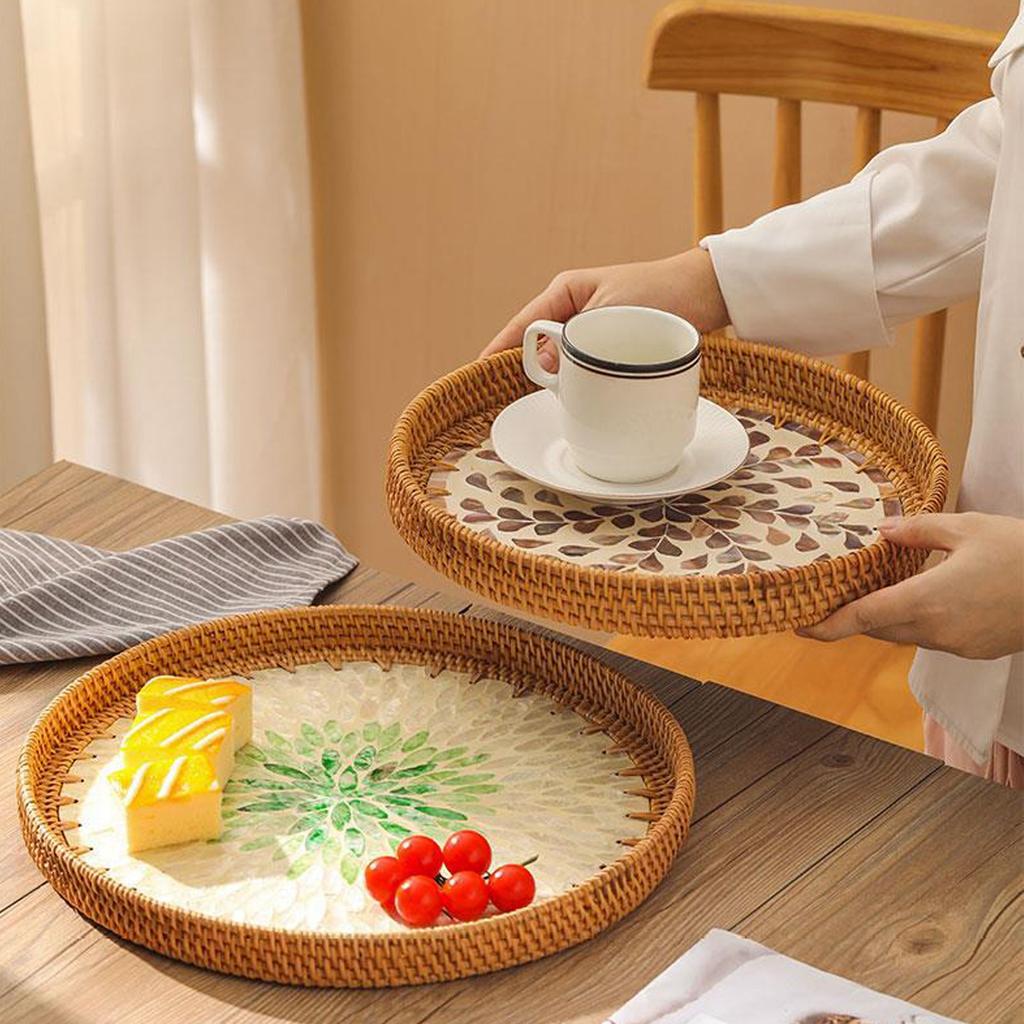 2 buc. Tavă din Ratan Lucrată Manual Farfurie pentru Fructe Scoică Colorată Tavă de Depozitare pentru Măsuță de Cafea de Uz Casnic Pâine