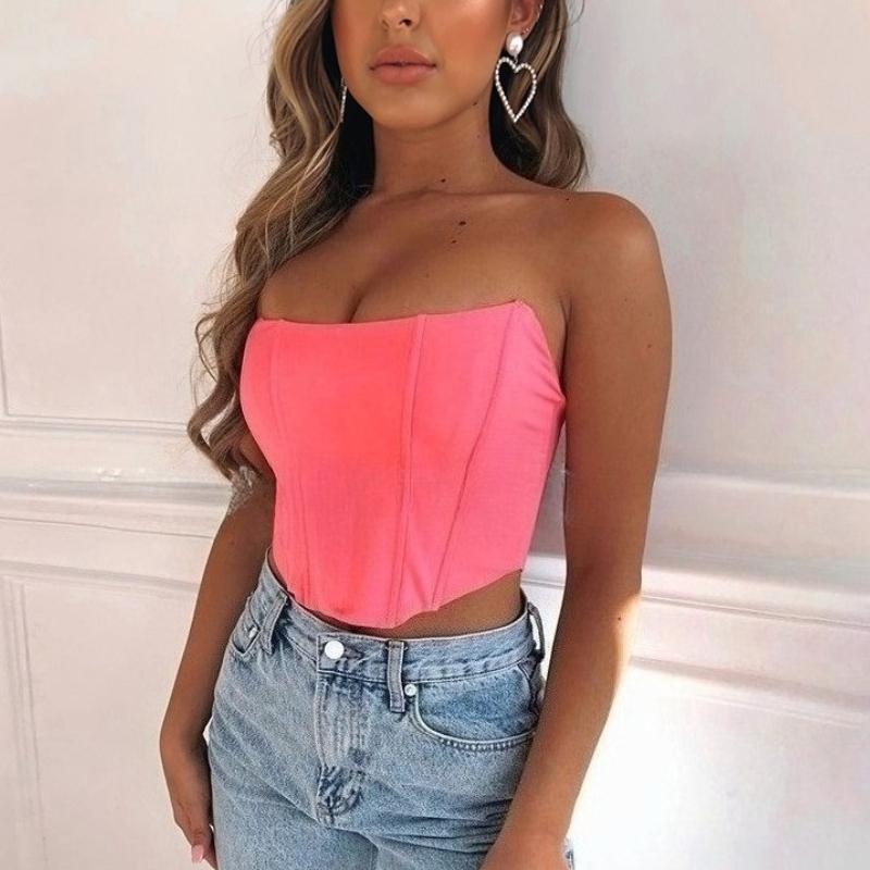 Women s Strapless Satin Corset Tube Top Off Shoulder Bustier Crop Top S розовый