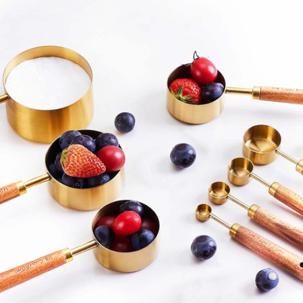 8-Piece Rose Gold Stainless Steel Measuring Cups & Spoons with Engraved Wooden Handles for Baking