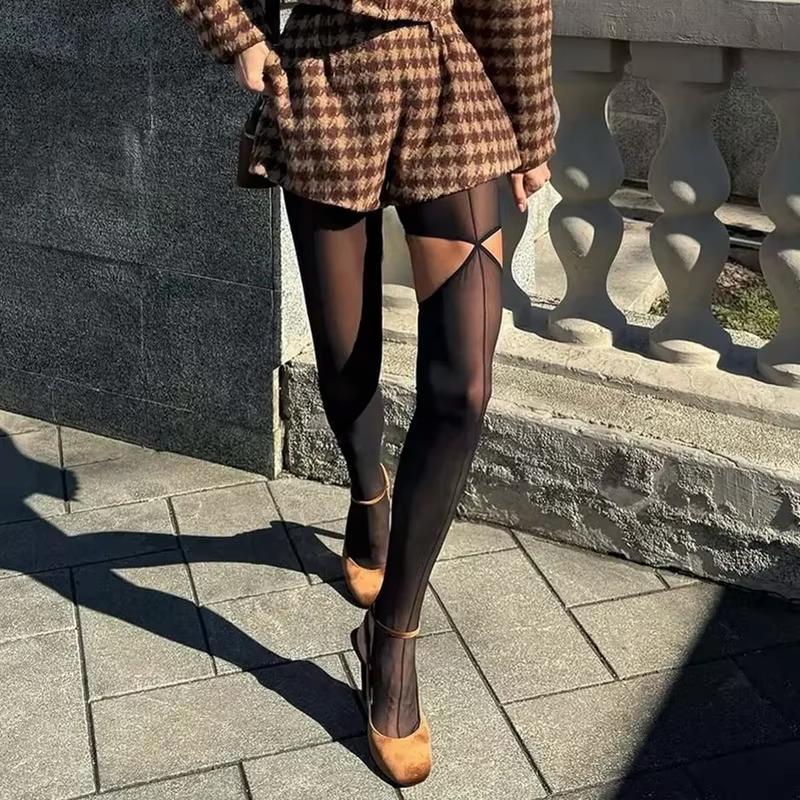 Black Line Footless Tights Sexy Women Sheer Mesh Hollow Out Pantyhose New Streetwear Perspective Stockings Asymmetry Leggings
