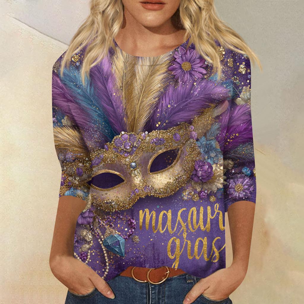 Dámské módní ležérní tričko s kulatým výstřihem a tříčtvrtečním rukávem s potiskem karnevalu