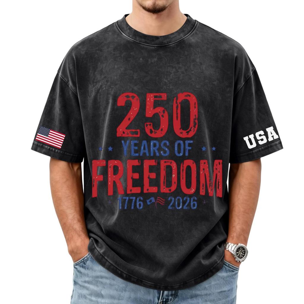 Men's loose and casual flag letter print T-shirt - Men's trendy washed short-sleeved top