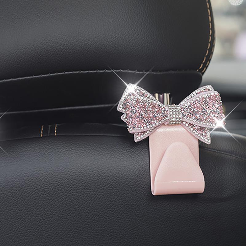 Car Headrest Hooks Shiny Rhinestone Bow Ornament Super Load Bearing Sturdy Universal Auto Hangers for Groceries Handbags Clothes