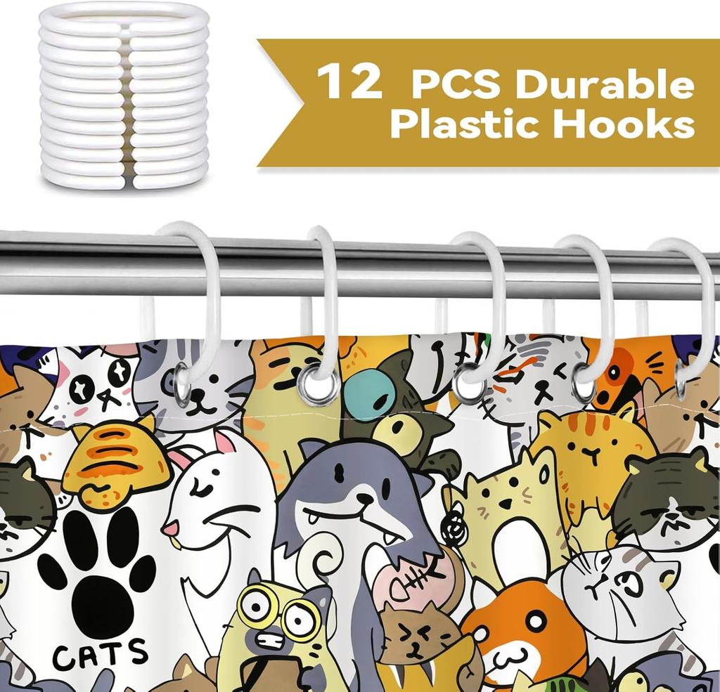 Cute Cartoon Cats Shower Curtain Fun Animal Design Bathroom Decor Kawaii Theme Waterproof Bath Curtain