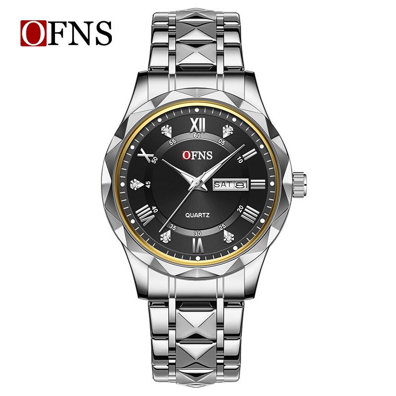 Oufanni Men s Sunburst Dial Diamond-Accented Waterproof Quartz Watch with Double Calendar and Steel Strap