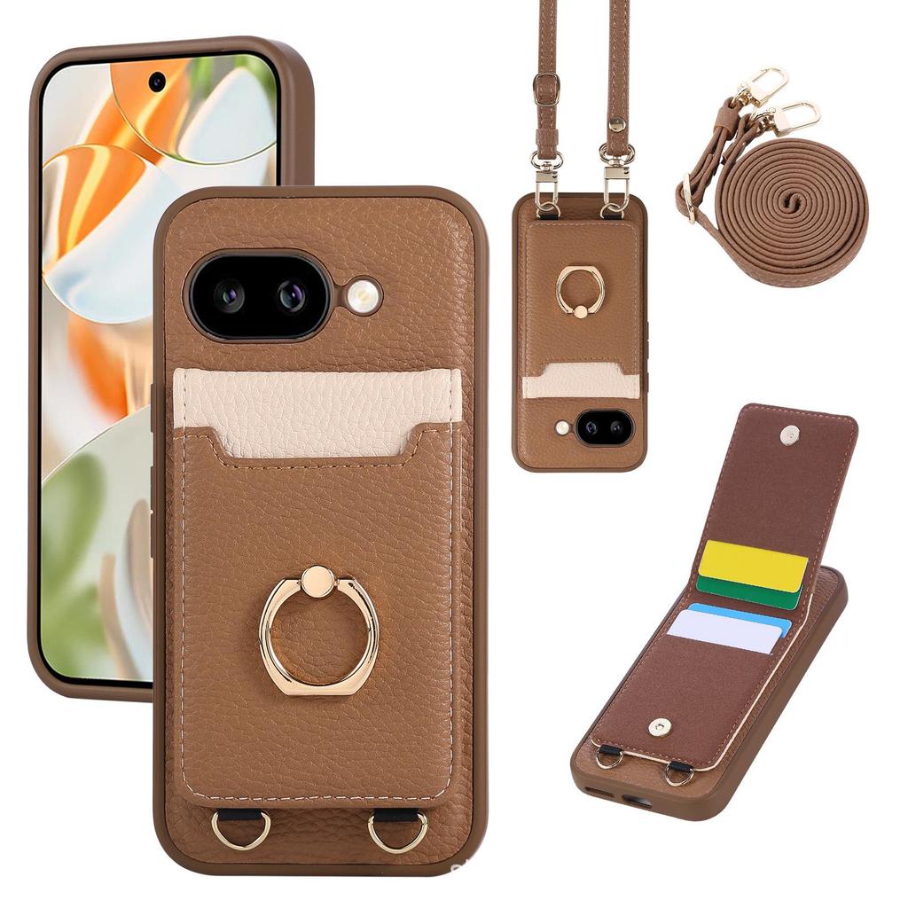 Skórzane etui na telefon z uchwytem na karty i smyczą dla Google Pixel 9a/10 Pro, wzór liczi, styl japoński i koreański