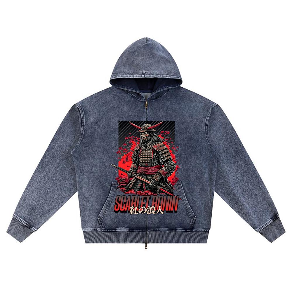 DTG print Knitted Denim Zip-Up Hoodie Japan Samurai Brother Print Zipper Hoodies  