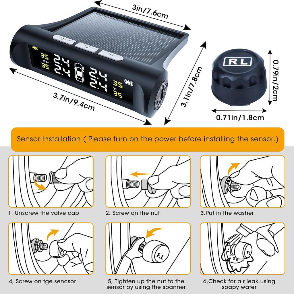Tire Pressure Monitoring System, TPMS for RV and Trailer, Solar Powered TPMS with LCD Display, 4 Sensors, Real-Time Pressure and Temperature