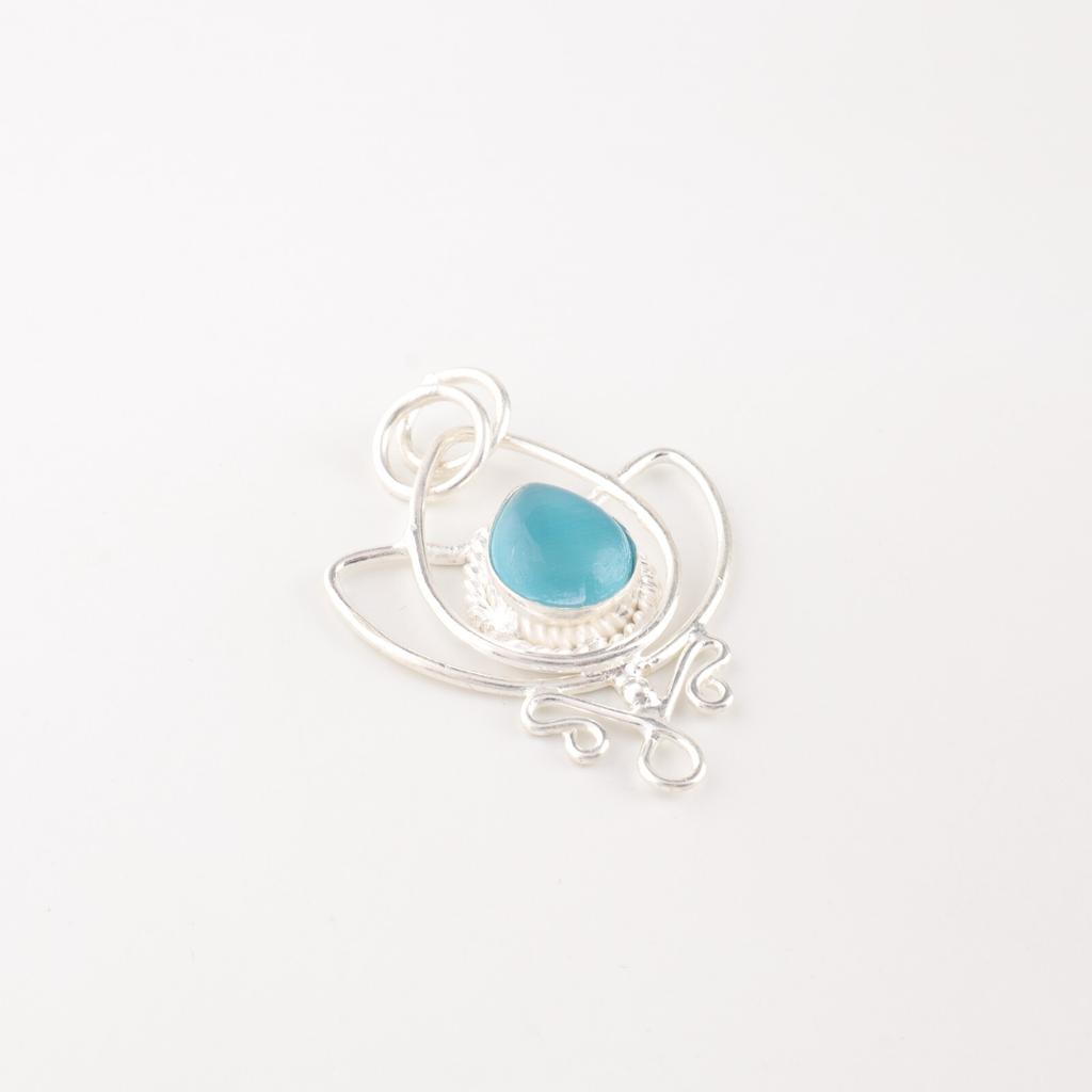 Blue Cat's Eye Gemstone 925 Sterling Silver Jewelry Handmade Pendant For Gift PP-38-48