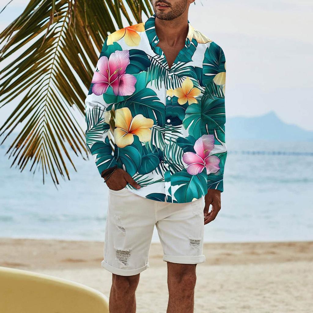 Men's Fashion Long Sleeve Printed Casual T Shirt Button Regular Fit Shirt Top