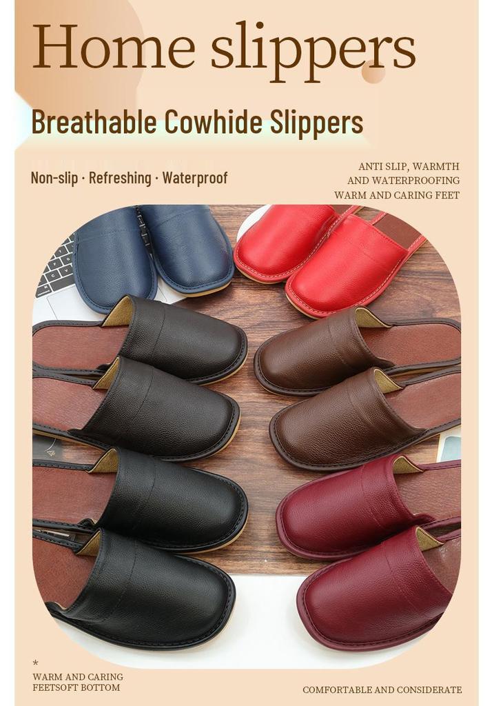 Closed-Toe Cowhide Slippers with Thickened Non-Slip Sole for All Seasons