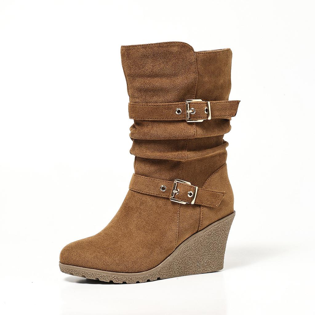 Bocanci de Piele Suede Medii, Stivuibili, cu Vârf Rotund, Talpă Groasă, Toc Înclinat, Cataramă Bimetalică, Bocanci Pliuri, Bocanci la Modă