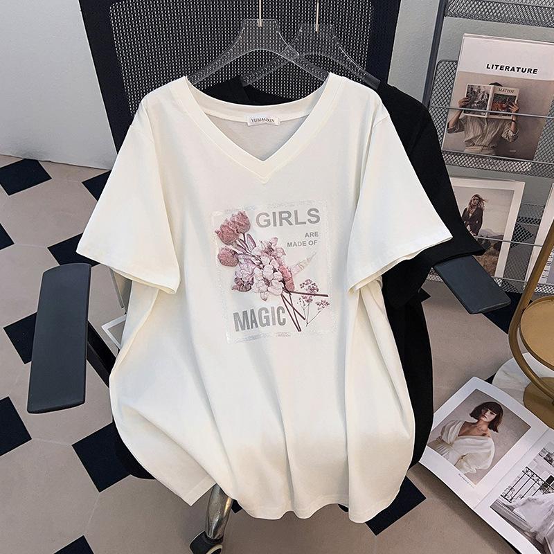 Women s Plus Size V-Neck Slimming Loose Mid-Length Short-Sleeve T-Shirt (200-350 Jin) 2XL