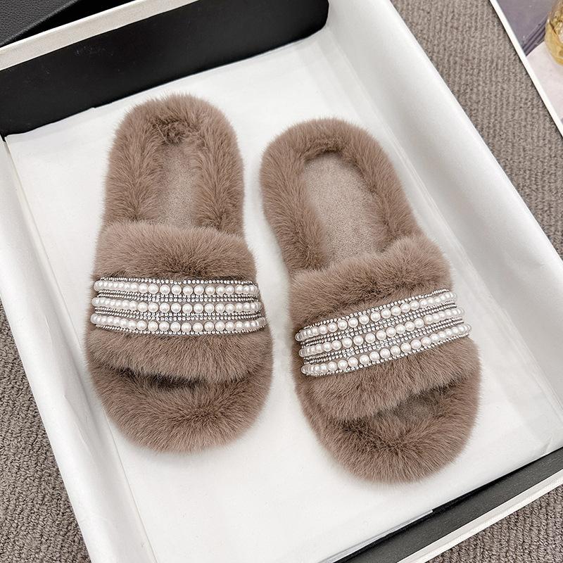 Cotton Slippers Women's Winter New Pearl Indoor Ins Home Household One-word Warm and Non-slip Maternity Plush Slippers
