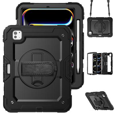For IPad Pro11 M4 A2836 2024 , Military Grade Shockproof Protector Silicone Cover Pencil Holder+Handle Shoulder Strap